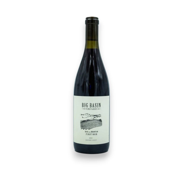 A bottle of aromatic BIG BASIN DUNE AND MOUNTAIN PINOT NOIR 2021 by WINE: JOHNSON BROS./MUTUAL/EPIPHANY features a black and white scenic label highlighting the vineyard name, wine type, and year on a white background. This exquisite wine ships to North Carolina.