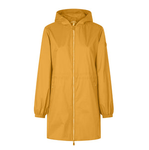 View of the SAVE THE DUCK - FLEUR Lightweight Rain Jacket from the back: a yellow, waterproof, hooded coat made from recycled polyester. It has long sleeves with elastic cuffs, a straight hem, and an overlapping flap detail on the upper back for added style and sustainability.