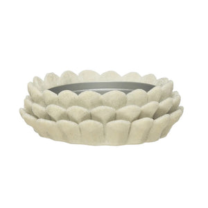 Introducing the ROUND FLOCKED PINECONE PILLAR HOLDER by CREATIVE COOP: A decorative ceramic piece with a white petal-like design and a glittery finish, ideal for rustic settings. The layered, sculpted edges mimic flower petals, offering a textured and elegant appearance that complements botanical décor beautifully.