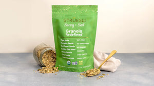 The image features a green bag of STRUESLI - SAVORY SEED GRANOLA with white and orange text. The front highlights key ingredients and attributes, including tiger nuts and pumpkin seeds, noting that it contains no sweeteners and is chef-crafted. It also prominently displays its gluten-free, Paleo certifications, and keto-friendly nature.