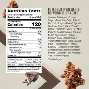 A beige and brown package of LIVING INTENTIONS - CACAO CRUNCH SUPERFOOD CEREAL, featuring the Cacao Crunch flavor. The bag highlights that it is organic, sprouted, non-GMO, gluten-free, and includes raw cacao. There is an image of cereal clusters and a bowl of cereal with milk. Net weight: 9 oz (255g).