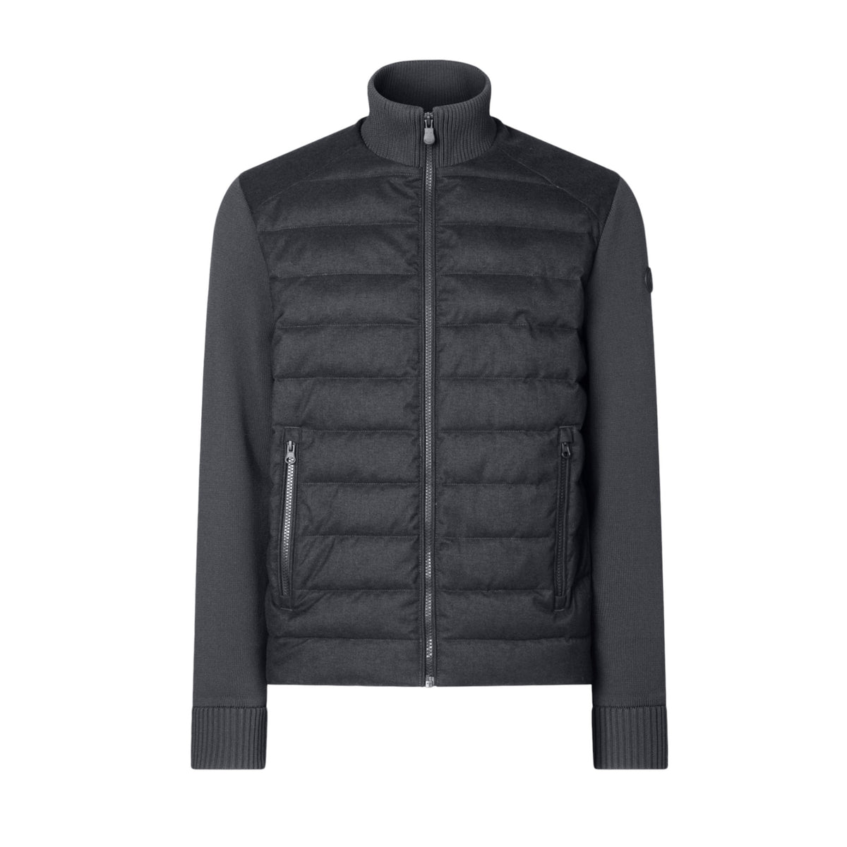 The SAVE THE DUCK - GIO KNIT AND PUFFER JACKET features a dark gray quilted front for lightweight warmth, smooth non-quilted sleeves and sides, ribbed collar, cuffs, hem, and two zippered side pockets.