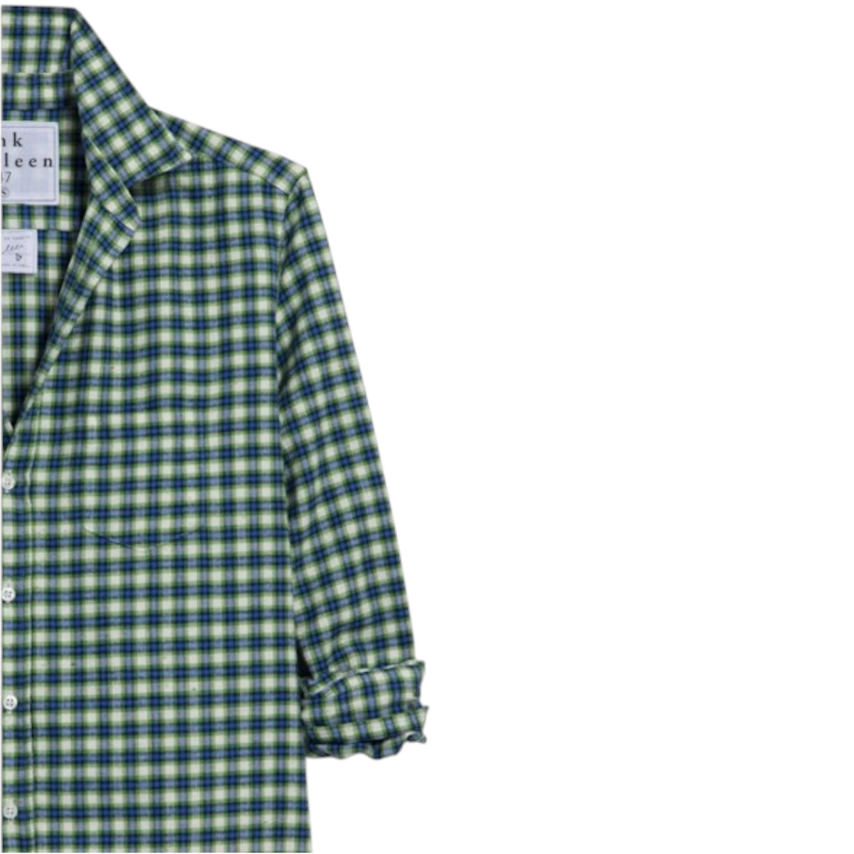 The FRANK &amp; EILEEN Finbar Men&#39;s Button Up Shirt in blue, green, and navy plaid is shown with rolled sleeves against a white background. Only the left half of this soft Italian cotton flannel shirt is visible.