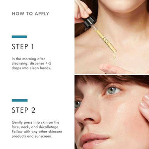 Image showing instructions for applying the SKINCEUTICALS - CE FERULIC serum in two steps:

Step 1: "In the morning after cleansing, dispense 4-5 drops of SKINCEUTICALS - CE FERULIC into clean hands." (Photo of a person dropping serum onto their hand.)
Step 2: "Gently press SKINCEUTICALS - CE FERULIC into the skin on your face, neck, and décolletage. Follow with any other skincare products and sunscreen for environmental protection.