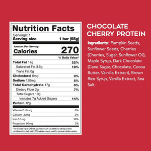 An image showing the nutrition facts and ingredients of the 88 ACRES - CHOCOLATE CHERRY PROTEIN BAR, with 270 calories per serving. Main ingredients include dark chocolate, pumpkin seeds, cherries, sunflower seeds, and maple syrup.