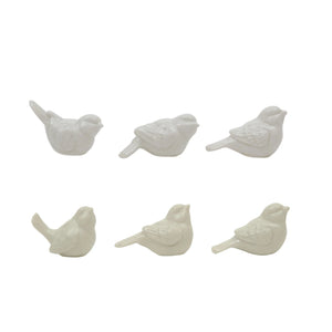 Six CREATIVE COOP 2.5" CERAMIC BIRD figurines, smooth and white, sit with slightly raised heads in two rows of three against a plain background.