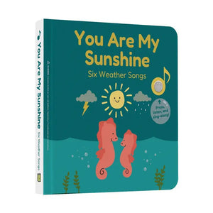 The children's book titled "CALI'S BOOKS - YOU ARE MY SUNSHINE NURSERY RHYMES" by CALI'S BOOKS features an illustration of two seahorses under a sky with sun, clouds, a thundercloud, raindrops, and musical notes. This charming nursery rhymes book has a teal cover and includes a button that allows children to press it to listen and sing along.