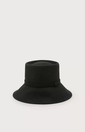 The SEVENTY Wool Cloche Hat, crafted from luxurious wool in Italy, features a stylish black design with a wide brim and a decorative band around the base of the crown, set against a light grey background.