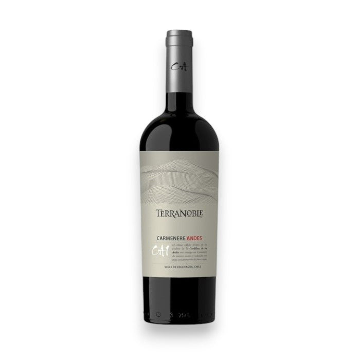 A bottle of TERRANOBLE &#39;CA1&#39; CARMÈNÉRE 2021 from the Colchagua Valley, featuring a light gray label with wave patterns and a gray cap branded with &quot;eA,&quot; displays the WINE: WINEBOW brand and details of this exquisite Chilean Carménère.