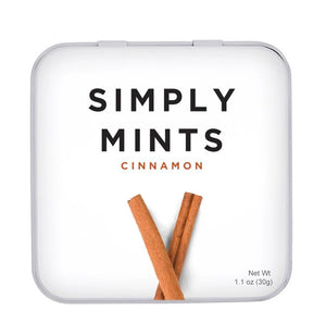 A metal tin labeled "Simply Gum - Cinnamon Mints" by Simply Gum features two cinnamon sticks illustrated below the text, hinting at a delightful fall flavor. These cinnamon mints have a net weight of 1.1 oz (30 g).