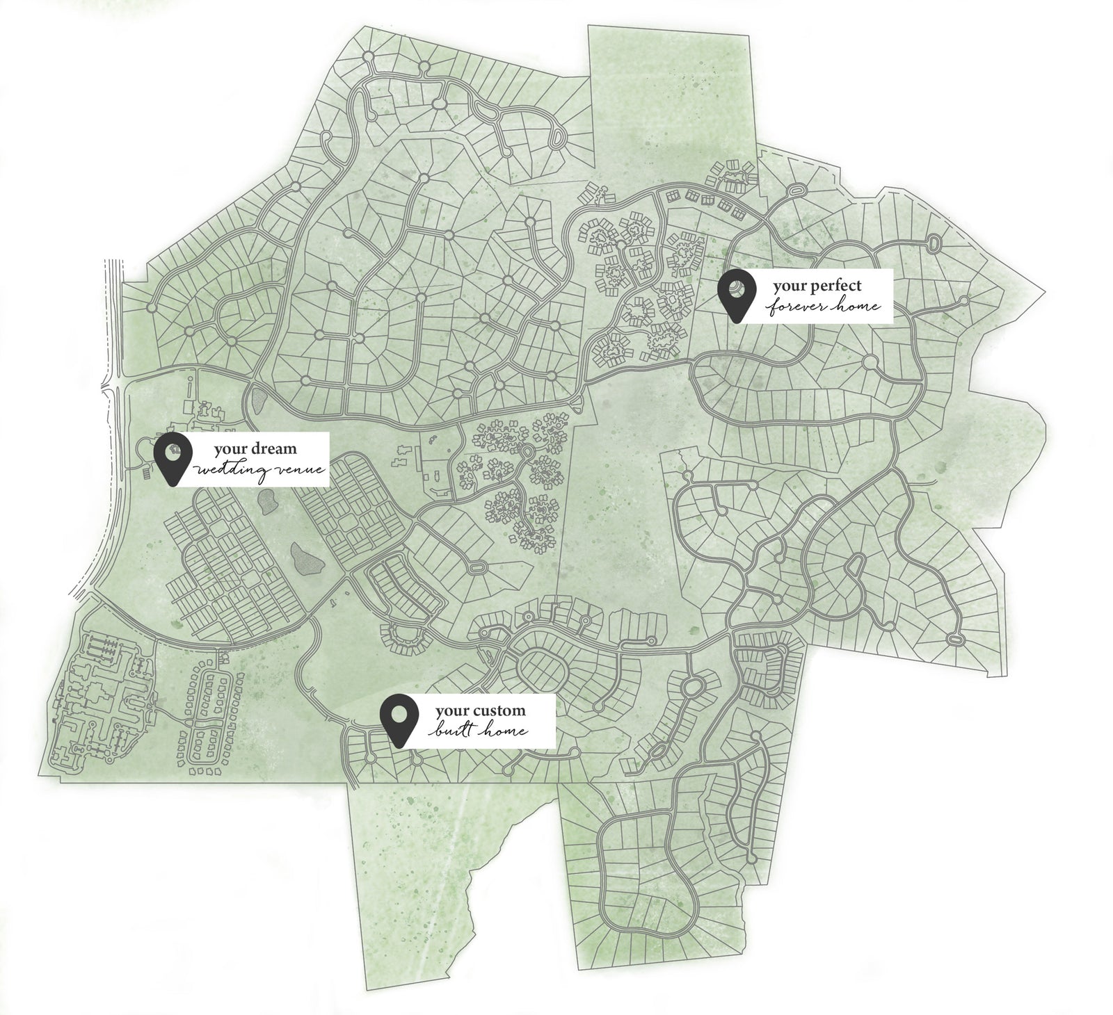 A map of a residential area with three labeled pins: “your dream residence venue,” “your custom Smith home,” and “your perfect Johnson home,” each placed in different neighborhoods.