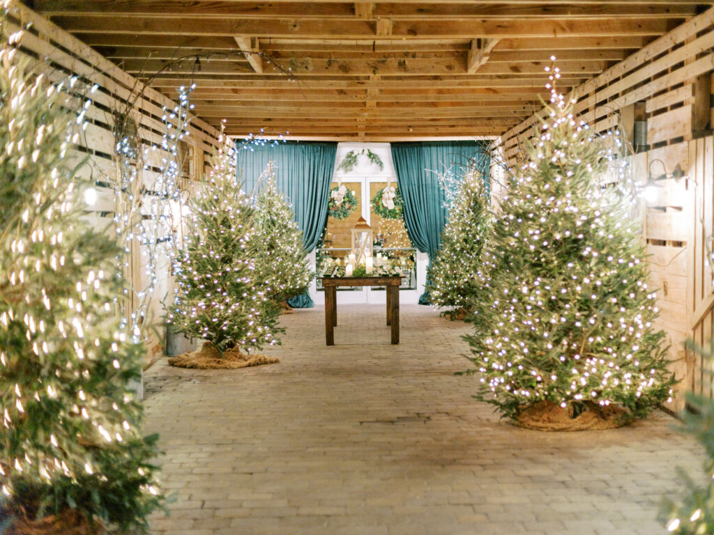A rustic hallway decorated with lit Christmas trees on both sides, teal curtains at the end, and a wooden table with candles and greenery under warm, soft lighting.