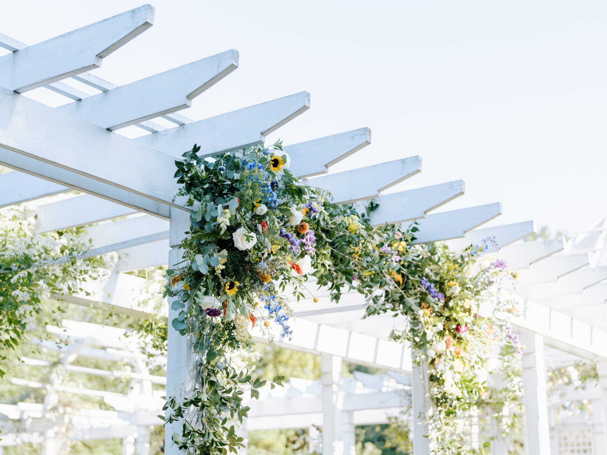A white pergola decorated with lush green foliage and colorful flowers, including sunflowers and roses, against a bright, clear sky.