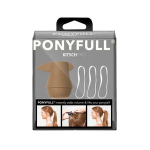 A product box labeled "PONYFULL Kitsch," featuring a ponytail styling tool and three white elastic bands. The box includes images that demonstrate how the tool adds volume and lifts a ponytail for a fuller, more voluminous look.