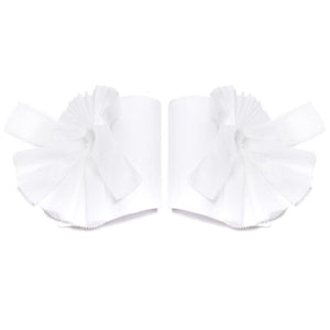 A pair of CATHERINE OSTI - BEATRICE CUFFS in white, medium size, featuring symmetrical, handmade pleated ruffles. Crafted from delicate, sheer fabric, the gathered ruffles spread outwards to provide a formal and decorative appearance, making them an elegant fashion accessory.