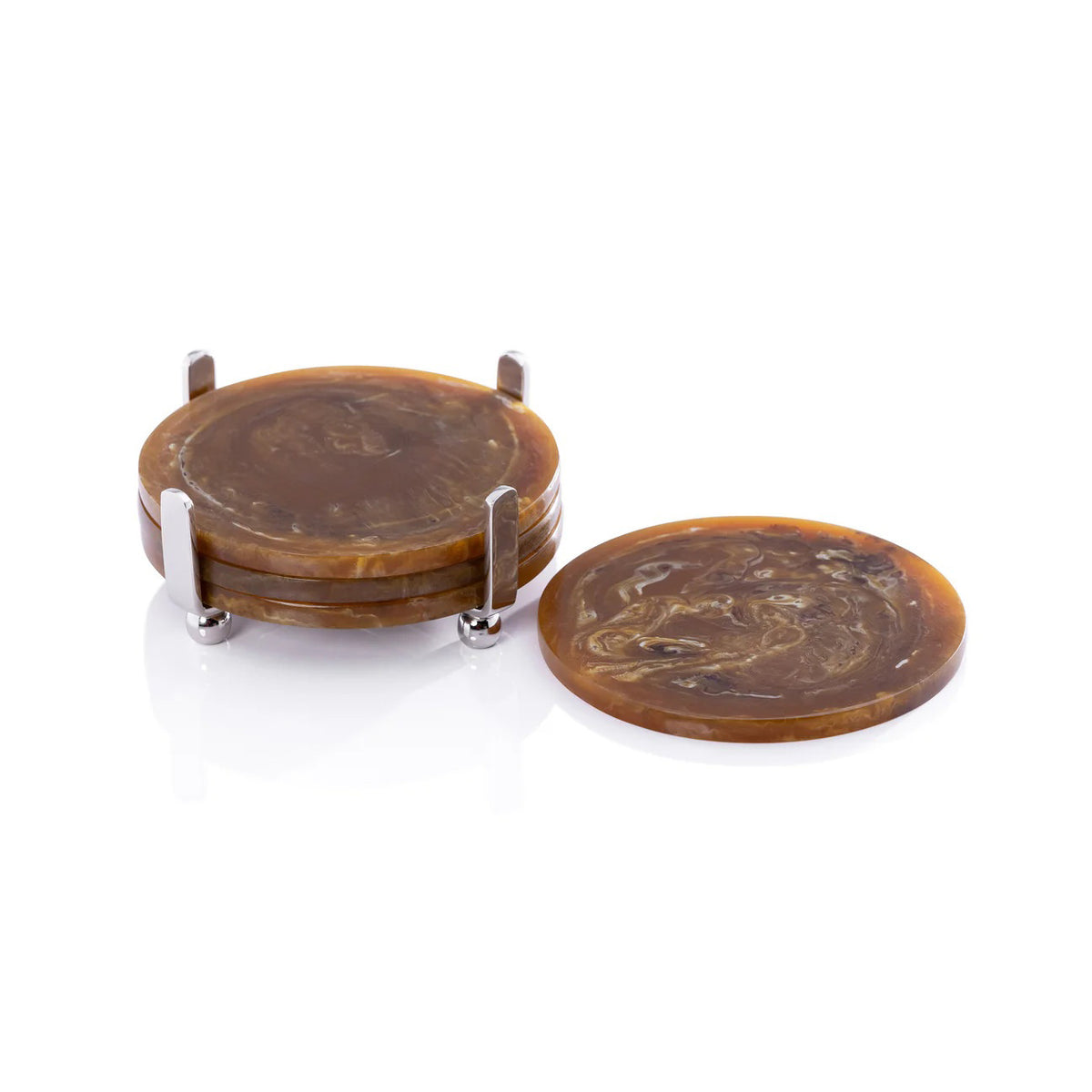 The ZODAX SPIGA Set of 4 Resin Coasters with amber accents comes on a stand and features a compact design, ideal for small spaces.