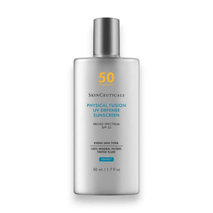 A silver bottle of Skin Ceuticals Physical Fusion Sunscreen SPF 50 with broad spectrum protection. The front label highlights its ability to even skin tone and features 100% mineral filters. The bottle has a 50 ml (1.7 fl oz) capacity.