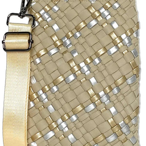 Close-up of the PARKER AND HYDE Mini Woven Messenger from PARKER & HYDE, showcasing black, silver, and gold strips. It features a crossbody strap with a silver buckle, ideal for on-the-go style and convenience.