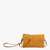 The SUEDE WRISTLET CROSSBODY by JEN & CO is a minimalist mustard yellow clutch made from faux suede. It includes a detachable strap, silver hardware, and has a zippered closure, all displayed on a plain white background.