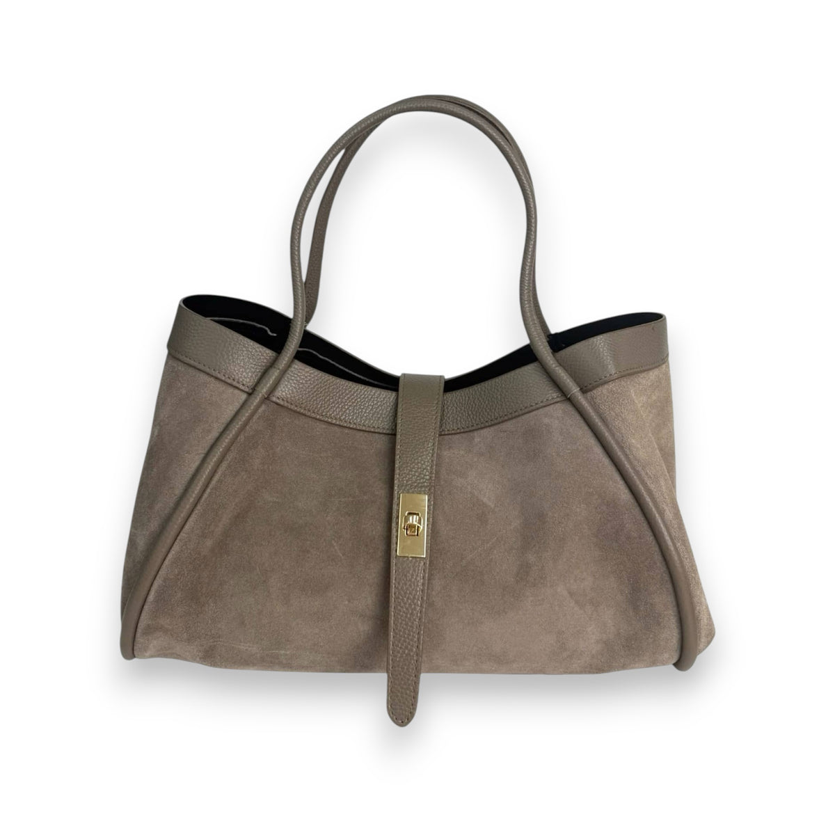 THE PORTICO SUEDE LEATHER HANDBAG IN TAUPE by LE BORSETTE, crafted from taupe suede with leather trim and handles, features a gold-tone closure on a central strap. Displayed against a white background.