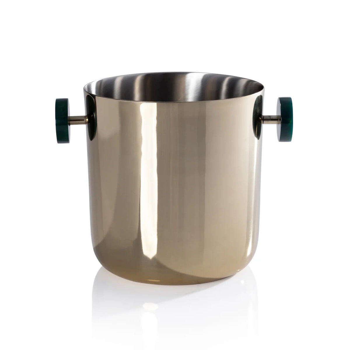 The SPIGA ICE BUCKET - GREEN ACCENTS by ZODAX features a shiny metallic, cylindrical design with two dark green handles, crafted from alloy resin for stylish home decor and shown against a white background.