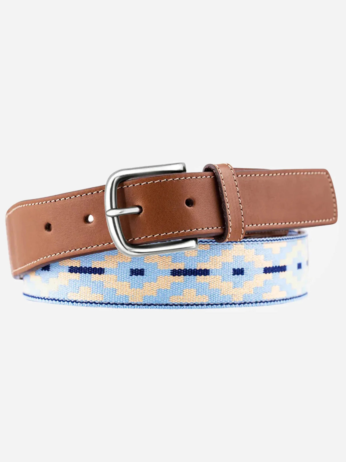 The LA MATERA - PINAMAR WOVEN BELT by LA MATERA features a full-grain leather strap, a silver buckle, and a beaded pattern in light blue, navy, and beige, offering durable premium craftsmanship and lasting style.