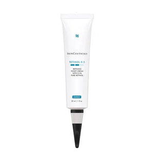 A white tube labeled "SKINCEUTICALS - RETINOL .05" with blue and black text, featuring a black cap at the bottom. This anti-aging pore minimizer from Skin Ceuticals is available in a 30 ml / 1 fl oz size.