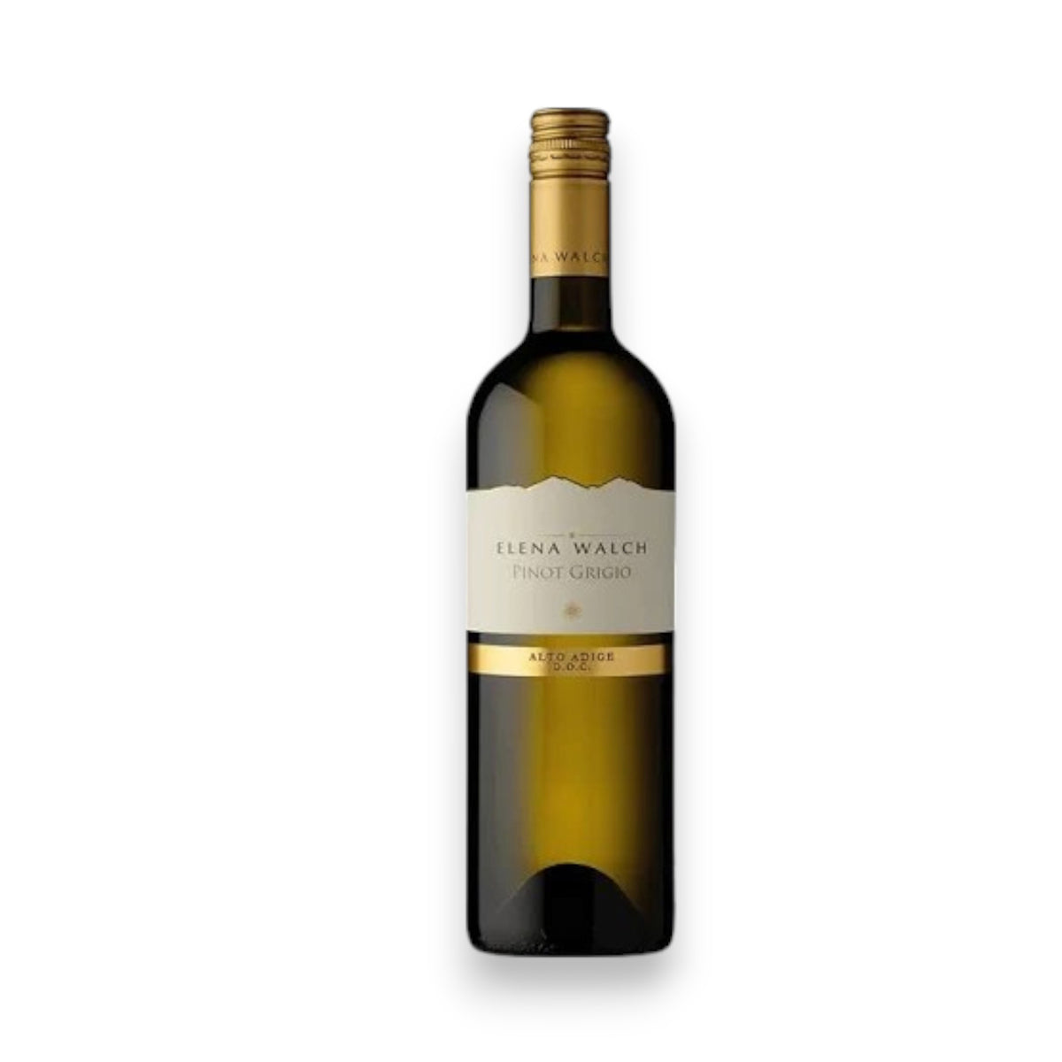 A bottle of ELENA WALCH PINOT GRIGIO 2024 from WINE: KELLOGG SELECTIONS, with a cream label and gold accents, stands upright against a white background, offering delicate fruity notes in every sip.