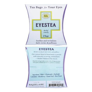 Product package for "BAUDELAIRE - EYE TEA BAGS" by Baudelaire. The packaging highlights benefits like soothing and revitalizing dark circles and puffiness around the eyes. With ingredients such as elder, chamomile, fennel seed, and rose petals, this blend is rich in antioxidants to enhance your eye care routine.