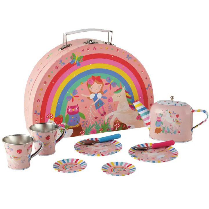 Introducing the FLOSS & ROCK - RAINBOW FAIRY TEA SET by FLOSS & ROCK, a whimsical and colorful 10-piece children's tin tea set that comes with a reusable-foiled carry case. Featuring enchanting designs of a girl on a unicorn, a rainbow, and an owl, this delightful tea set includes a teapot, two cups, three small plates, two larger plates, and two spoons—all adorned in lovely pastel colors.