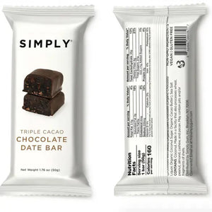 The image shows the front and back views of a SIMPLY GUM TRIPLE CACAU DATE BAR packaging. The front features two decadent dark chocolate bars, while the back displays nutritional information and ingredients. The bar, with its gooey date filling, is labeled as gluten-free, vegan, and non-GMO.