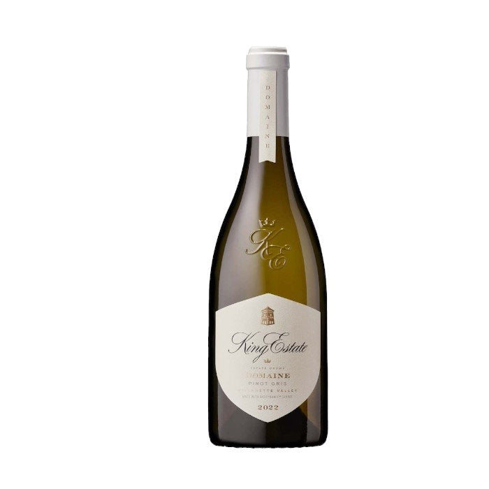 A 375mL bottle of 2022 King Estate Pinot Gris, crafted in Willamette Valley by Wine: Tryon, has a white label with elegant cursive and an emblem. This white wine features notes of pear and green apple and is sealed with a white foil cap.