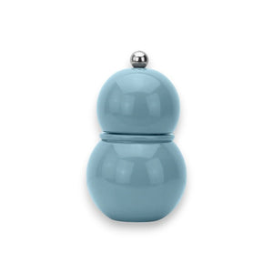 The ADDISON ROSS LONDON - CHUBBIE SALT OR PEPPER MILL 12CM by ADDISON ROSS features a glossy, lacquered light blue finish with a round, gourd-like shape and a small silver knob on top, presented against a white background.