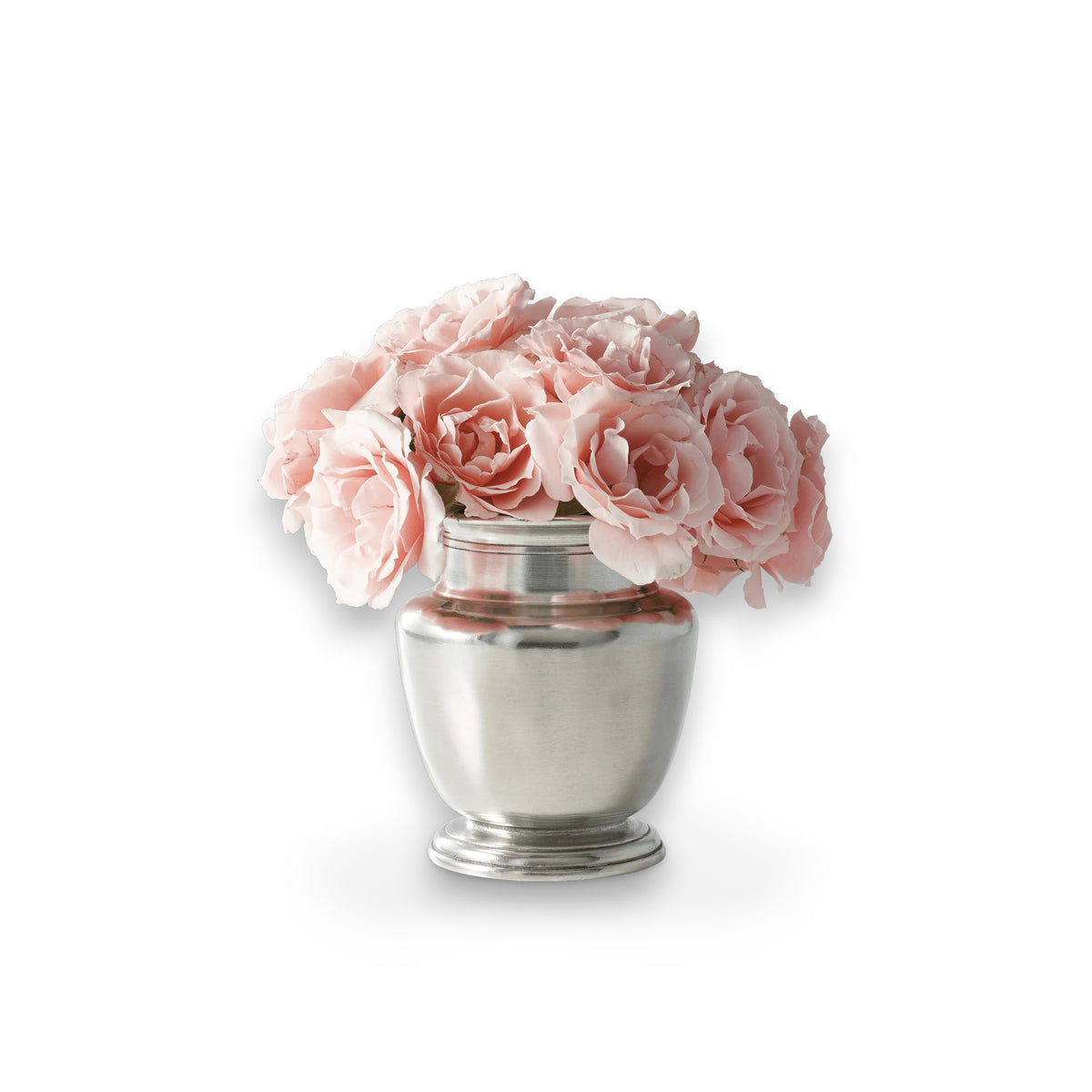 The MATCH - PETITE PEWTER RIMMED VASE by MATCH, filled with light pink peonies, displayed against a white background.