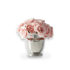 The MATCH - PETITE PEWTER RIMMED VASE by MATCH, filled with light pink peonies, displayed against a white background.