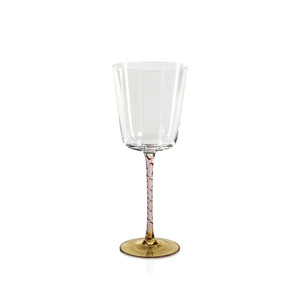 A set of four elegant VICENZA GLASSWARE RED WINE GLASSES by ZODAX, each with a capacity of 400 ml and intricate gold stems, are displayed on a silver tray. The background features a festive, white and gold decorative tree, creating a sophisticated holiday ambiance.