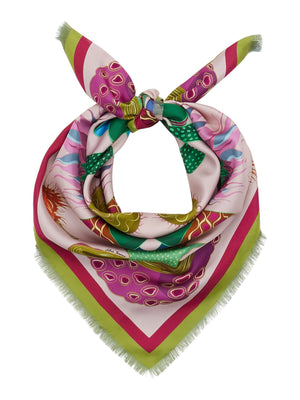 The FRANCO FERRARI - CIALDA DOUBLE SIDED FRINGE SILK SCARF 90CM, made of 100% silk, features a vibrant double-sided pattern in green, pink, orange, white, and brown hues. This colorful scarf can be folded into a triangle and tied at the top and is finished with fringed edges.