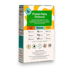 A box of KAIZEN - RADIATORI PASTA from KAIZEN FOOD COMPANY is shown. The box features a predominantly green design with a light blue top panel. Nutritional information on the front highlights its high protein and low carb benefits, indicating 20g protein, 6g net carbs, and 15g fiber. The text on the side encourages consumers to "Lean into the Bean.