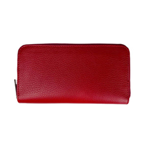 Introducing the LEATHER WALLET by MIRAMI FIRENZE: a vibrant pink, large rectangular wallet boasting a smooth, minimalist design. It features a zip closure along the top and right edge and has a slightly textured surface.