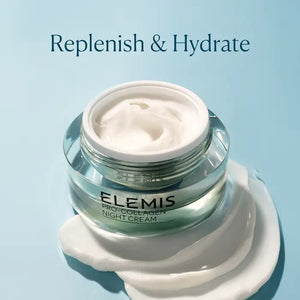 A split image with descriptions of three sea-based ingredients against a blue background. From top to bottom: Laminara Digitata Extract - restores and repairs skin; Red Algae - revitalizes complexion; Padina Pavonica - hydrates and supports anti-aging, ideal for ELEMIS STEINER's Pro Collagen Night Cream.