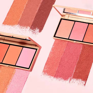 Two makeup palettes, each a JASON WU - BLUSH TRIO from JASON WU BEAUTY, are displayed with three glowing colors. The left blush palette features orange, peach, and pink tones, while the right includes pink, mauve, and rose shades. Swatches of the colors are blended below each corresponding palette.