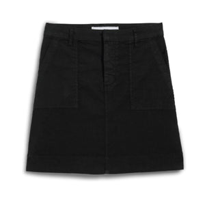 The FRANK & EILEEN Jameson Utility Skirt in Black, made from Italian Performance Linen, features an above-the-knee A-line silhouette with utility pockets and a waistband, shown on a white background.