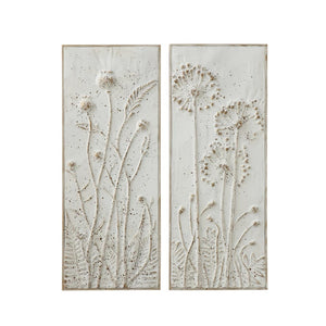 The Embossed Metal Dandelion Art by Creative Coop showcases two vertical panels with embossed botanical designs, featuring off-white flowers and ferns. Its intricate stems and leaves bring texture and elegance to any neutral background.