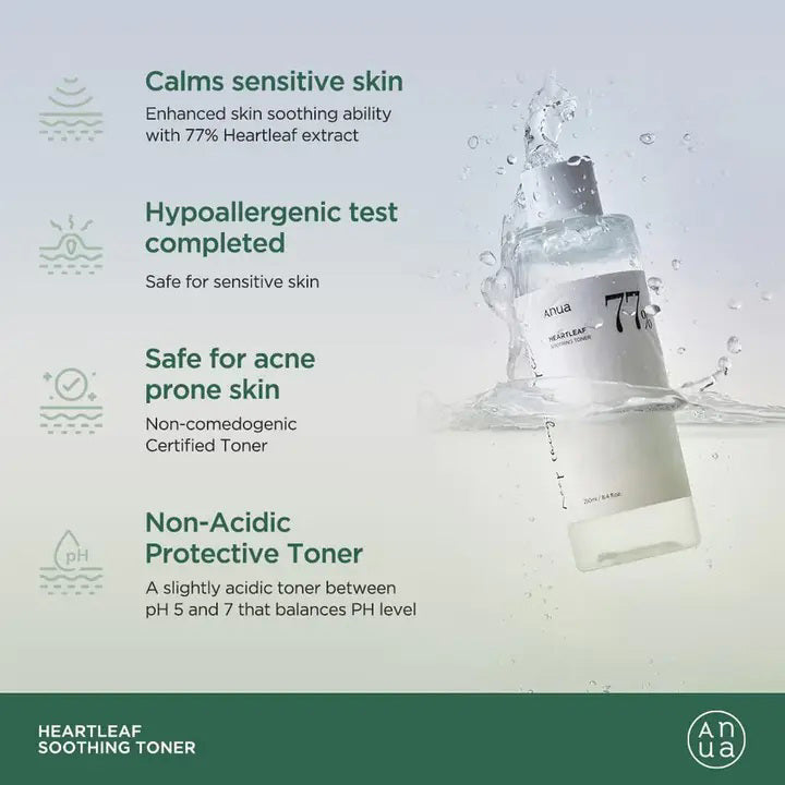 A promotional image for Kosmic KBeauty Skincare's Heartleaf 77% Soothing Toner highlights its benefits: hydrates and calms sensitive skin with 77% heartleaf extract, hypoallergenic, safe for acne-prone skin (non-comedogenic), and non-acidic (pH 5-7). A floating toner bottle is shown on the right.