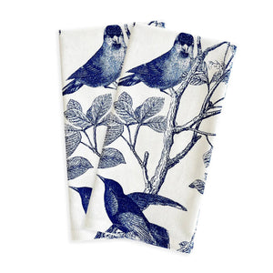 The CASKATA Arbor Birds Kitchen Towels in Blue are a set of two 100% cotton white tea towels featuring a vintage-style design of birds on branches, with detailed artwork infused with botanical whimsy for a classic, elegant feel.