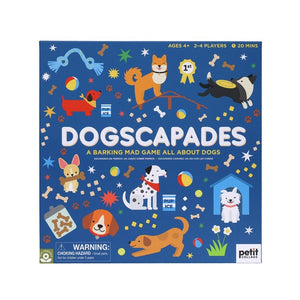 The vibrant family board game "DOGSCAPADES A BARKING MAD GAME" by PETITECOLLAGE showcases a winding game path embellished with dog-themed illustrations. The board comes complete with miniature canine character pieces, a die, and additional accessories, all while the game's box can be seen in the corner.