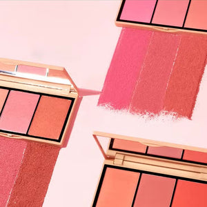 Two makeup palettes, each a JASON WU - BLUSH TRIO from JASON WU BEAUTY, are displayed with three glowing colors. The left blush palette features orange, peach, and pink tones, while the right includes pink, mauve, and rose shades. Swatches of the colors are blended below each corresponding palette.