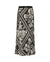 The MIRTO 1956 - BLACK AND WHITE PRINT MIDI SKIRT by MIRTO 1956 features a black A-line silhouette with an intricate white floral squares patchwork design set within diamond shapes. This skirt has a slight flare, providing a flowy appearance, and its symmetrical pattern offers a balanced and flattering chic look.