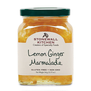 A jar of STONEWALL KITCHEN - LEMON GINGER MARMALADE, weighing 361g (12.75 oz). The label highlights it is gluten-free, non-GMO, and made with cane sugar. This lemon marmalade boasts a vibrant yellow color with delightful ginger pieces throughout.