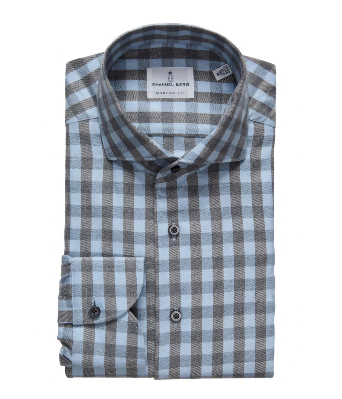 The EMANUEL BERG Sustainable Luxe Flannel Twill Shirt features a blue-grey checker pattern, front pocket, and &quot;Emanuel Berg Modern Fit&quot; label inside the collar.